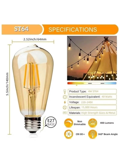 Yuwell Outdoor Waterproof IP65 Led String Lights E27 Holder 10 Meter Bulb Holder Wire With 20 Bulbs 4W ST64 Amber With EU Plug Solar Bulb Holder For Ramadan Decoration Lights And Outdoor Decoration Light Hanging Light 6000mAh & USB-C, String Lights With Remote Control And 8 Modes Ramadan Light With Cable Ties-5