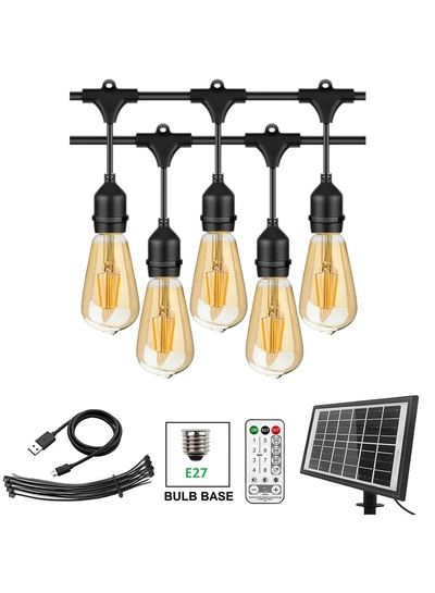 Yuwell Outdoor Waterproof IP65 Led String Lights E27 Holder 10 Meter Bulb Holder Wire With 20 Bulbs 4W ST64 Amber With EU Plug Solar Bulb Holder For Ramadan Decoration Lights And Outdoor Decoration Light Hanging Light 6000mAh & USB-C, String Lights With Remote Control And 8 Modes Ramadan Light With Cable Ties-0