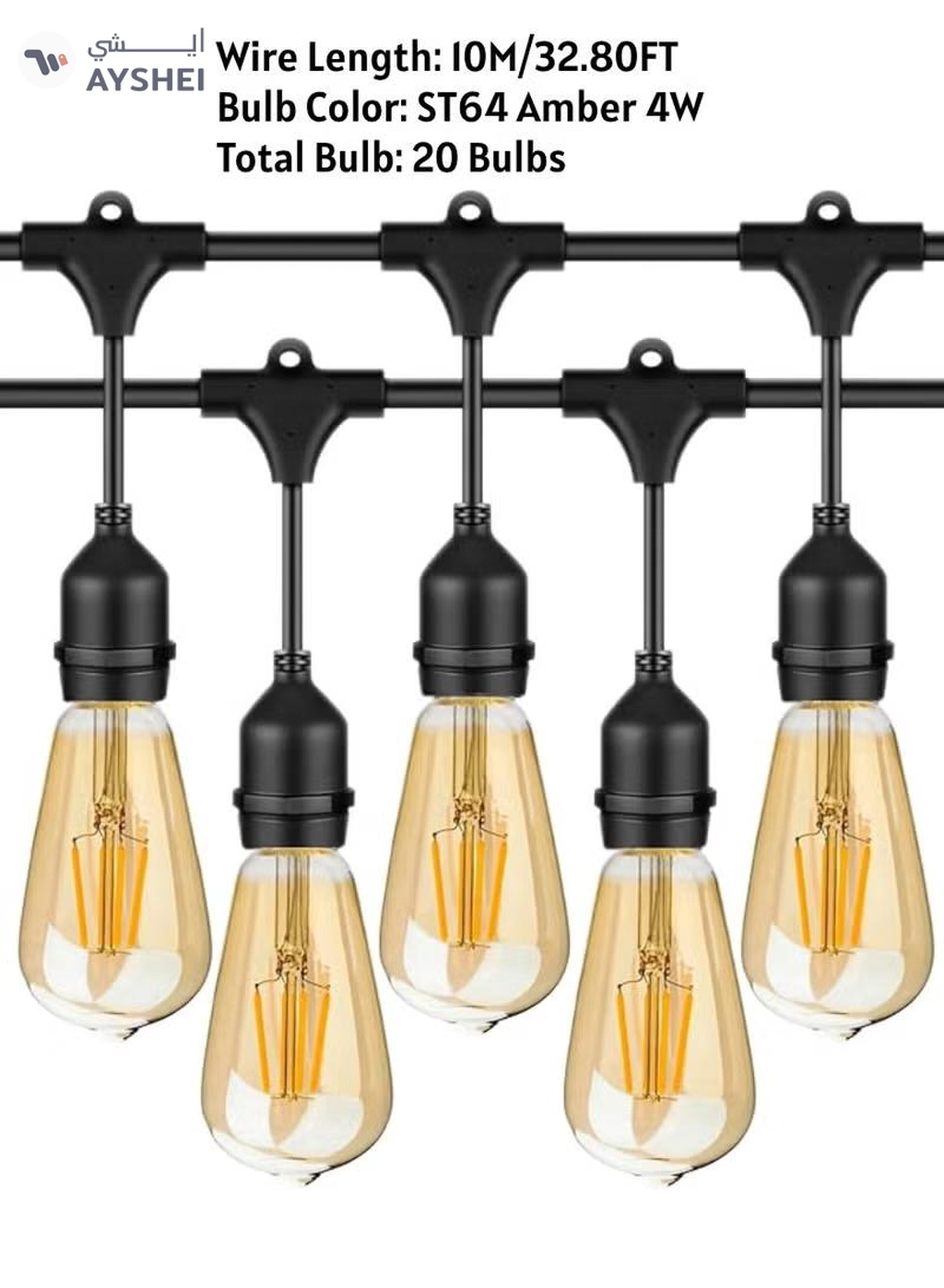 Yuwell Outdoor Waterproof IP65 Led String Lights E27 Holder 10 Meter Bulb Holder Wire With 20 Bulbs 4W ST64 Amber With EU Plug Solar Bulb Holder For Ramadan Decoration Lights And Outdoor Decoration Light Hanging Light 6000mAh & USB-C, String Lights With Remote Control And 8 Modes Ramadan Light With Cable Ties-1-1