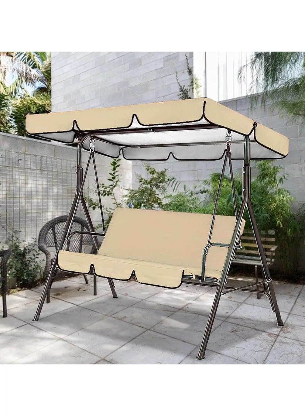 3 Seat Swing Chair, 3 Seater Garden Swing Seat Chair, Outdoor Swinging Chair 3 Seat Bench with Adjustable Canopy Removable Cushion for Patio Poolside Porch