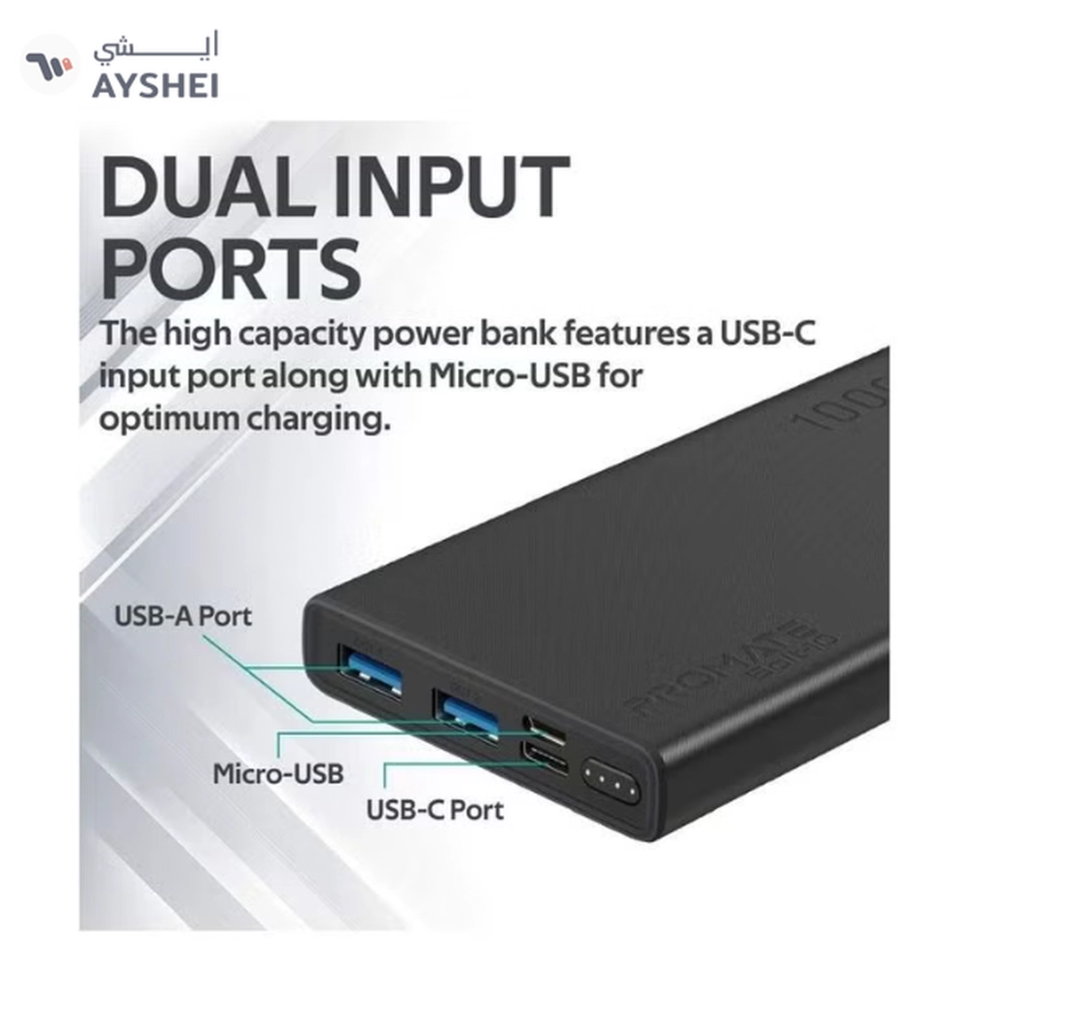 PROMATE 10000.0 mAh Compact Smart Charging Power Bank with Dual USB Output Black-4-4