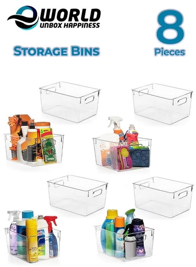 Eworld Set of 8 Clear Stackable Plastic Storage Bins with Easy-Grip Handles-0
