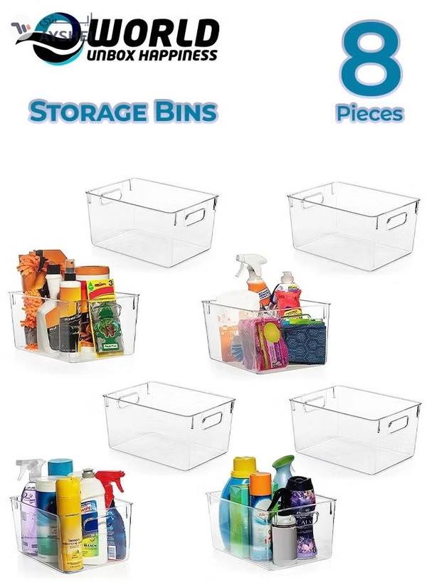 Eworld Set of 8 Clear Stackable Plastic Storage Bins with Easy-Grip Handles