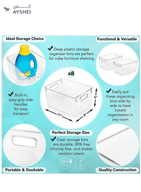 Eworld Set of 8 Clear Stackable Plastic Storage Bins with Easy-Grip Handles