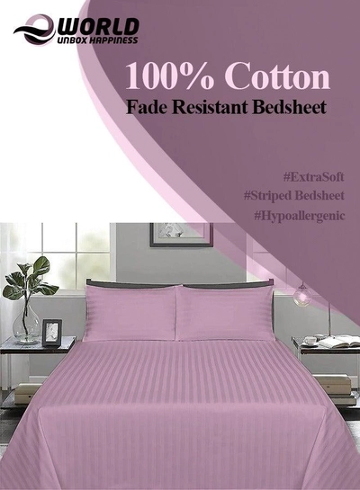 3 Piece Luxury Pink Striped Bed Sheet Set with 1 Flat Sheet and 2 Pillowcases for Hotel and Home Crafted from Ultra Soft and Breathable Cotton for Year-Round Comfort, (Single/Double)-2