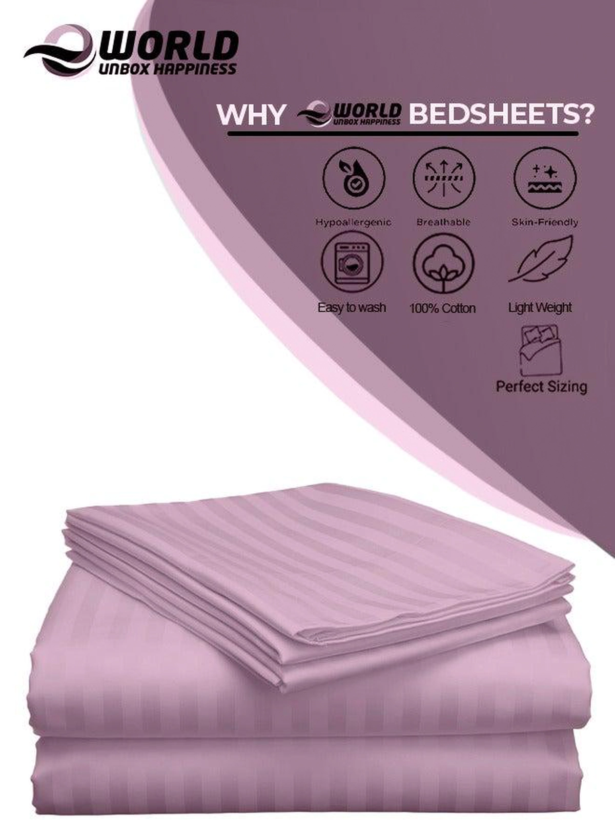 3 Piece Luxury Pink Striped Bed Sheet Set with 1 Flat Sheet and 2 Pillowcases for Hotel and Home Crafted from Ultra Soft and Breathable Cotton for Year-Round Comfort, (Single/Double)-3-3