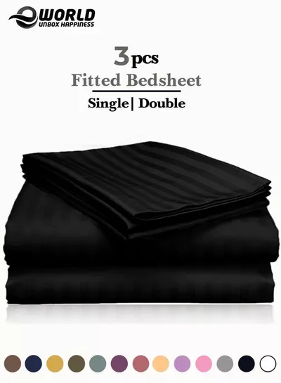3 Piece Luxury Black Striped Bed Sheet Set with 1 Deep Pocket Fitted Sheet and 2 Pillowcases for Hotel and Home Crafted from Ultra Soft and Breathable Microfiber for Year-Round Comfort, (Single/Double)-0