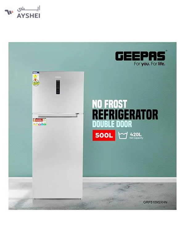 GEEPAS 500L Gross/420L Net Capacity No Frost Double Door Refrigerator With Multi Airflow| Recessed Handle, Lock & Key, LED Interior Light, Ice Tray, Egg Tray, Unbreakable Glass Shelves, Large Crisper Drawer With Humidity Control,Freezer- 95L capacity GRF5109SXHN Silver