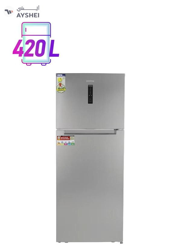 GEEPAS 500L Gross/420L Net Capacity No Frost Double Door Refrigerator With Multi Airflow| Recessed Handle, Lock & Key, LED Interior Light, Ice Tray, Egg Tray, Unbreakable Glass Shelves, Large Crisper Drawer With Humidity Control,Freezer- 95L capacity GRF5109SXHN Silver