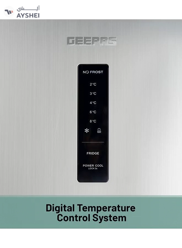 GEEPAS 500L Gross/420L Net Capacity No Frost Double Door Refrigerator With Multi Airflow| Recessed Handle, Lock & Key, LED Interior Light, Ice Tray, Egg Tray, Unbreakable Glass Shelves, Large Crisper Drawer With Humidity Control,Freezer- 95L capacity GRF5109SXHN Silver
