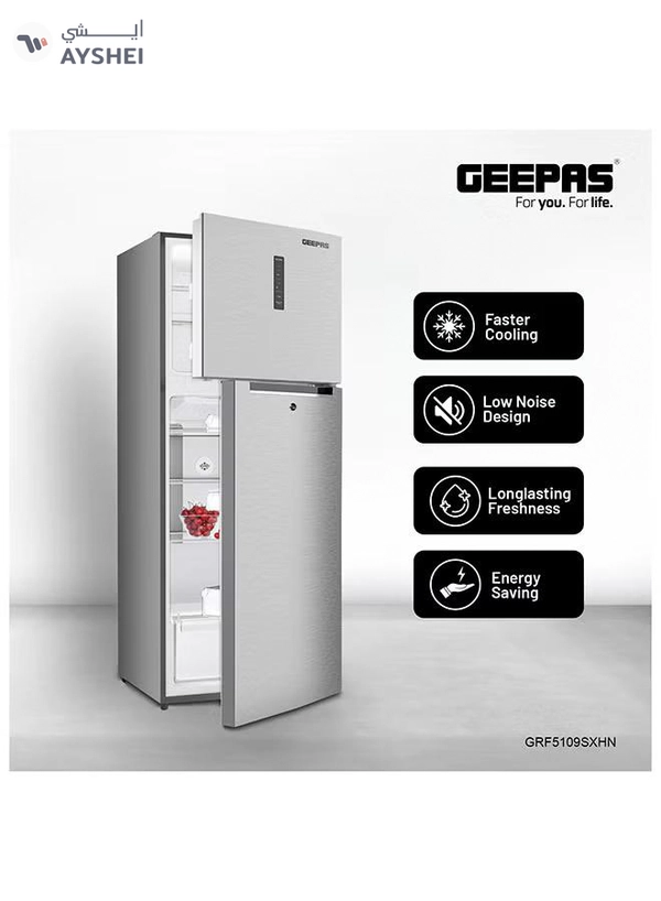 GEEPAS 500L Gross/420L Net Capacity No Frost Double Door Refrigerator With Multi Airflow| Recessed Handle, Lock & Key, LED Interior Light, Ice Tray, Egg Tray, Unbreakable Glass Shelves, Large Crisper Drawer With Humidity Control,Freezer- 95L capacity GRF5109SXHN Silver