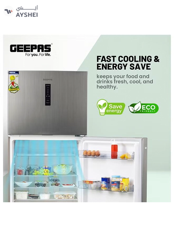 GEEPAS 500L Gross/420L Net Capacity No Frost Double Door Refrigerator With Multi Airflow| Recessed Handle, Lock & Key, LED Interior Light, Ice Tray, Egg Tray, Unbreakable Glass Shelves, Large Crisper Drawer With Humidity Control,Freezer- 95L capacity GRF5109SXHN Silver