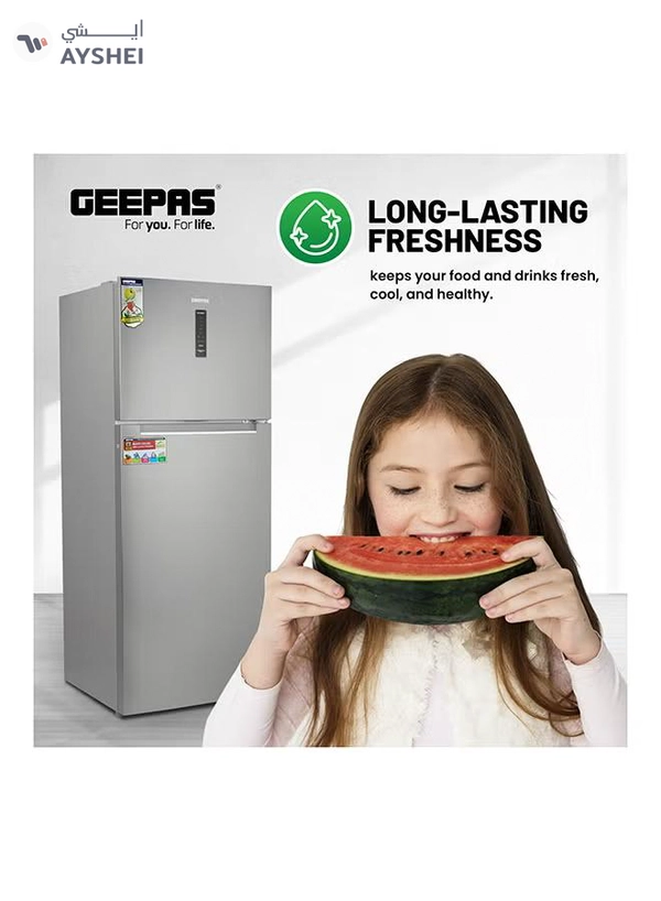 GEEPAS 500L Gross/420L Net Capacity No Frost Double Door Refrigerator With Multi Airflow| Recessed Handle, Lock & Key, LED Interior Light, Ice Tray, Egg Tray, Unbreakable Glass Shelves, Large Crisper Drawer With Humidity Control,Freezer- 95L capacity GRF5109SXHN Silver
