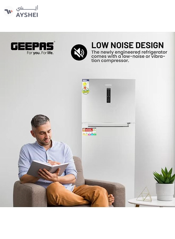 GEEPAS 500L Gross/420L Net Capacity No Frost Double Door Refrigerator With Multi Airflow| Recessed Handle, Lock & Key, LED Interior Light, Ice Tray, Egg Tray, Unbreakable Glass Shelves, Large Crisper Drawer With Humidity Control,Freezer- 95L capacity GRF5109SXHN Silver