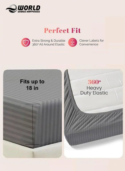 Grey Striped Microfiber Fitted Bedsheet with Deep Pocket for a Snug Fit, Breathable, Machine Washable for Optimal Protection, Available in King, Queen and Single Sizes, Without Pillow Cover-3