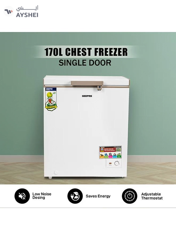 GEEPAS 170L Gross/145L Net Capacity Single Door Chest Freezer With Compressor Switch Off Function, LED Light, Lock & Key, High Efficiency Monolithic Foaming, 1 Food Basket, Adjustable Thermostat 170 L 115 W GCF1706WAH White