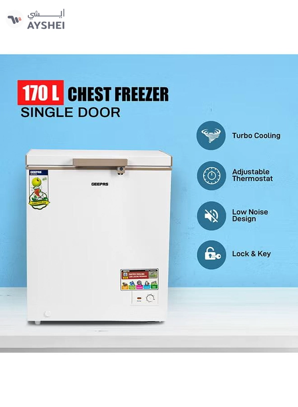 GEEPAS 170L Gross/145L Net Capacity Single Door Chest Freezer With Compressor Switch Off Function, LED Light, Lock & Key, High Efficiency Monolithic Foaming, 1 Food Basket, Adjustable Thermostat 170 L 115 W GCF1706WAH White