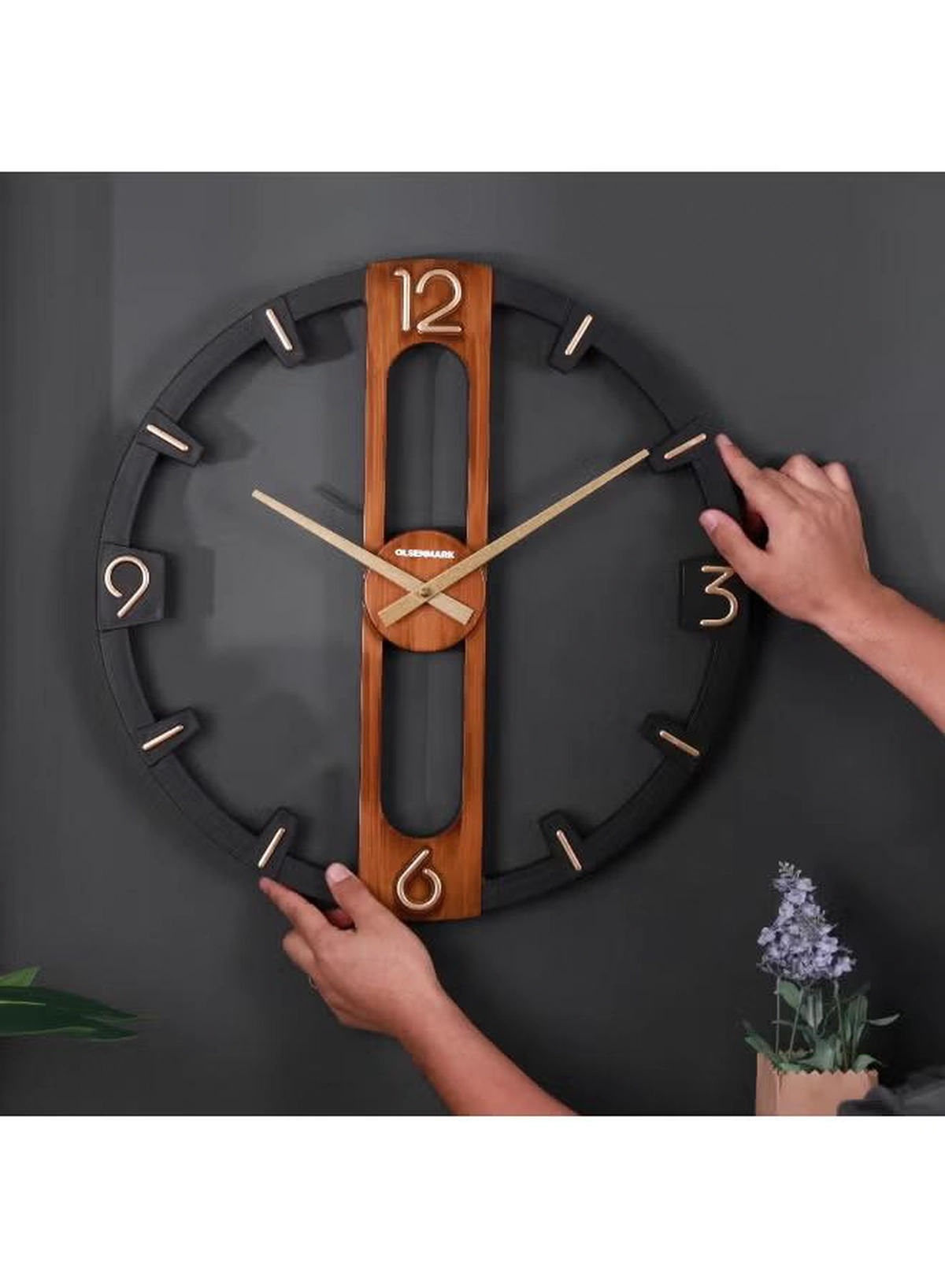 Olsenmark Round Wall Clock OMWC1926 | Open Design, Silent Movement | Battery Operated Wall-Mounted Clock for Home & Office | Brown & Black-1-1