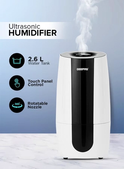 GEEPAS Ultrasonic Humidifier 2.6 L Water Tank, Touch Panel Control/ Cool Mist Operation, 2 Speed and 360-Degree Rotatable Nozzle/ Multiple Functions, Filter for Purifying and Softening Water. GUH63072UK White & black-5