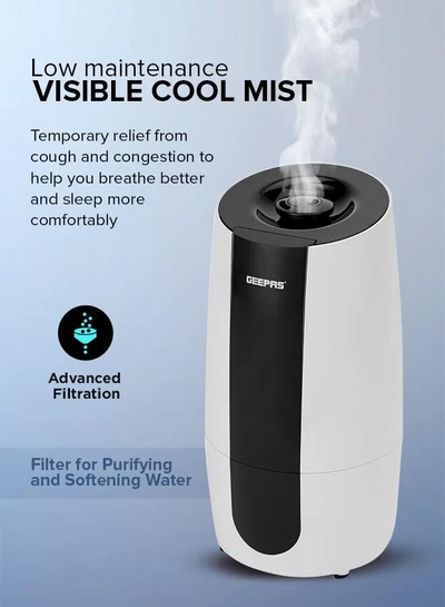 GEEPAS Ultrasonic Humidifier 2.6 L Water Tank, Touch Panel Control/ Cool Mist Operation, 2 Speed and 360-Degree Rotatable Nozzle/ Multiple Functions, Filter for Purifying and Softening Water. GUH63072UK White & black-2