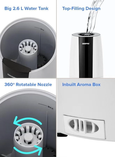 GEEPAS Ultrasonic Humidifier 2.6 L Water Tank, Touch Panel Control/ Cool Mist Operation, 2 Speed and 360-Degree Rotatable Nozzle/ Multiple Functions, Filter for Purifying and Softening Water. GUH63072UK White & black-1