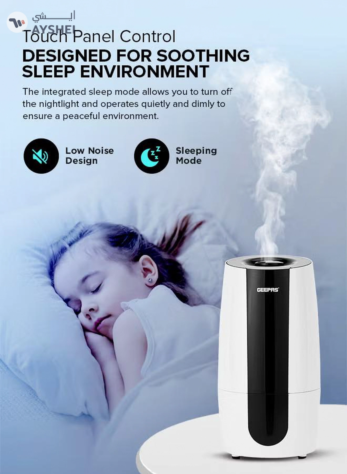 GEEPAS Ultrasonic Humidifier 2.6 L Water Tank, Touch Panel Control/ Cool Mist Operation, 2 Speed and 360-Degree Rotatable Nozzle/ Multiple Functions, Filter for Purifying and Softening Water. GUH63072UK White & black-4-4