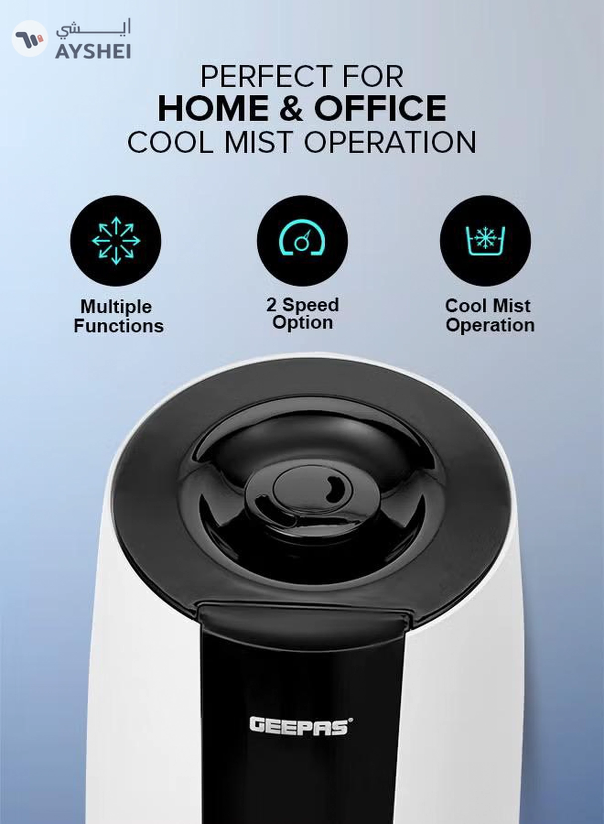 GEEPAS Ultrasonic Humidifier 2.6 L Water Tank, Touch Panel Control/ Cool Mist Operation, 2 Speed and 360-Degree Rotatable Nozzle/ Multiple Functions, Filter for Purifying and Softening Water. GUH63072UK White & black-3-3