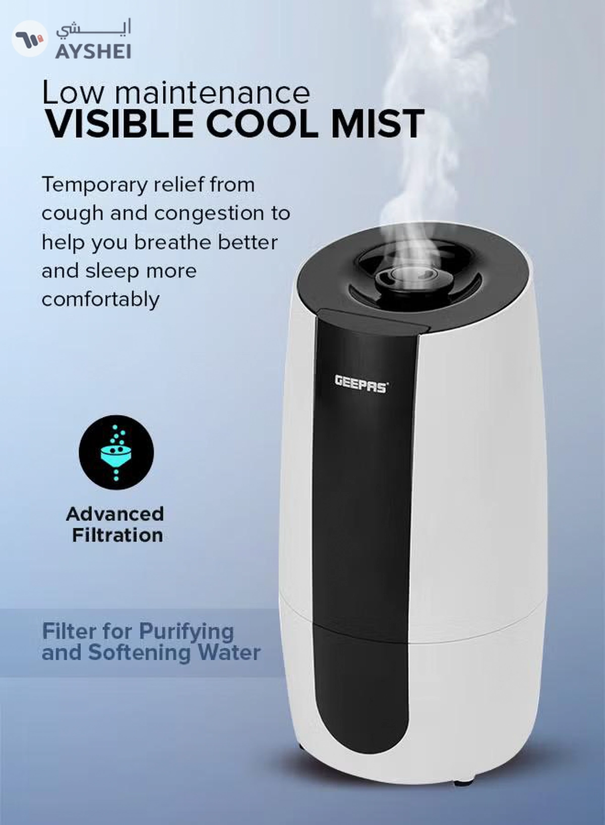 GEEPAS Ultrasonic Humidifier 2.6 L Water Tank, Touch Panel Control/ Cool Mist Operation, 2 Speed and 360-Degree Rotatable Nozzle/ Multiple Functions, Filter for Purifying and Softening Water. GUH63072UK White & black-2-2