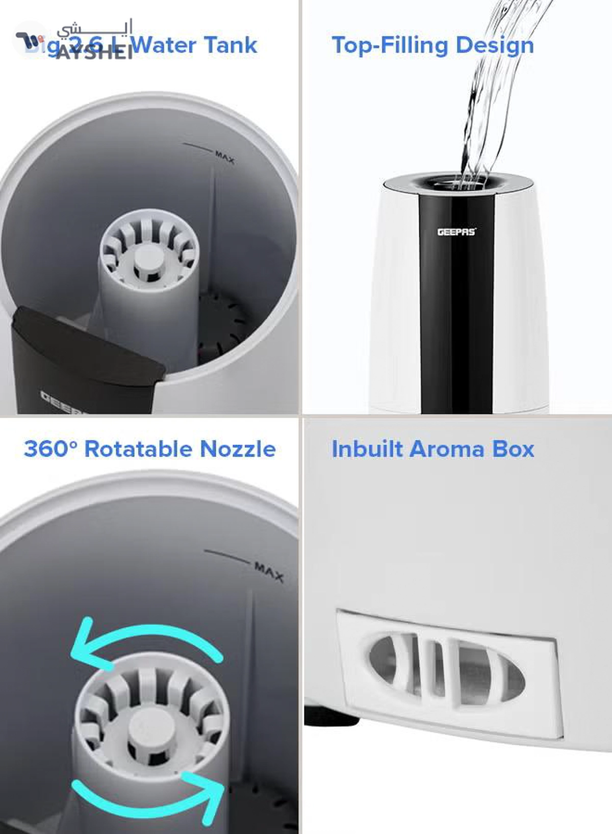 GEEPAS Ultrasonic Humidifier 2.6 L Water Tank, Touch Panel Control/ Cool Mist Operation, 2 Speed and 360-Degree Rotatable Nozzle/ Multiple Functions, Filter for Purifying and Softening Water. GUH63072UK White & black-1-1