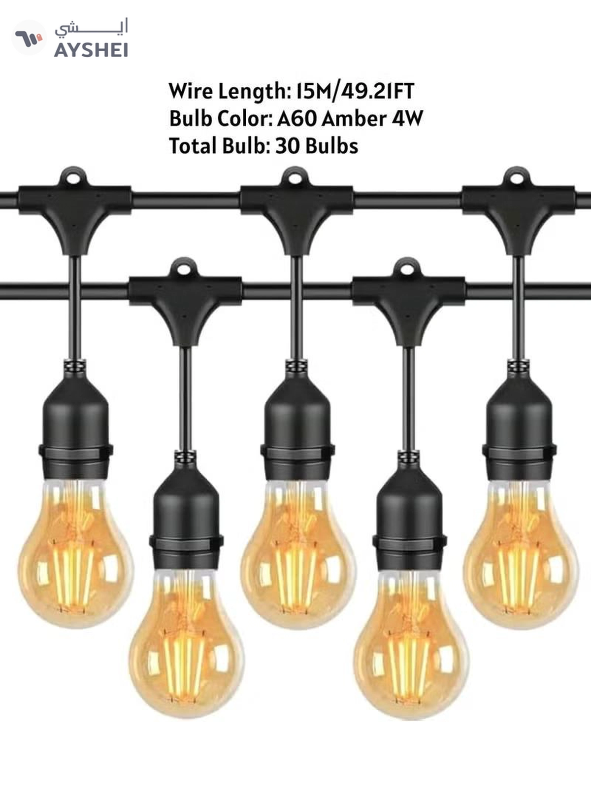 Yuwell Outdoor Waterproof IP65 Led String Lights E27 Holder 15 Meter Bulb Holder Wire With 30 Bulbs 4W A60 Amber With EU Plug Solar Bulb Holder For Ramadan Decoration Lights And Outdoor Decoration Light Hanging Light 6000mAh & USB-C, String Lights With Remote Control And 8 Modes Ramadan Light With Cable Ties-2-2