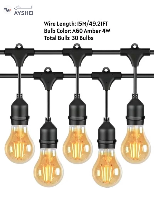 Yuwell Outdoor Waterproof IP65 Led String Lights E27 Holder 15 Meter Bulb Holder Wire With 30 Bulbs 4W A60 Amber With EU Plug Solar Bulb Holder For Ramadan Decoration Lights And Outdoor Decoration Light Hanging Light 6000mAh & USB-C, String Lights With Remote Control And 8 Modes Ramadan Light With Cable Ties