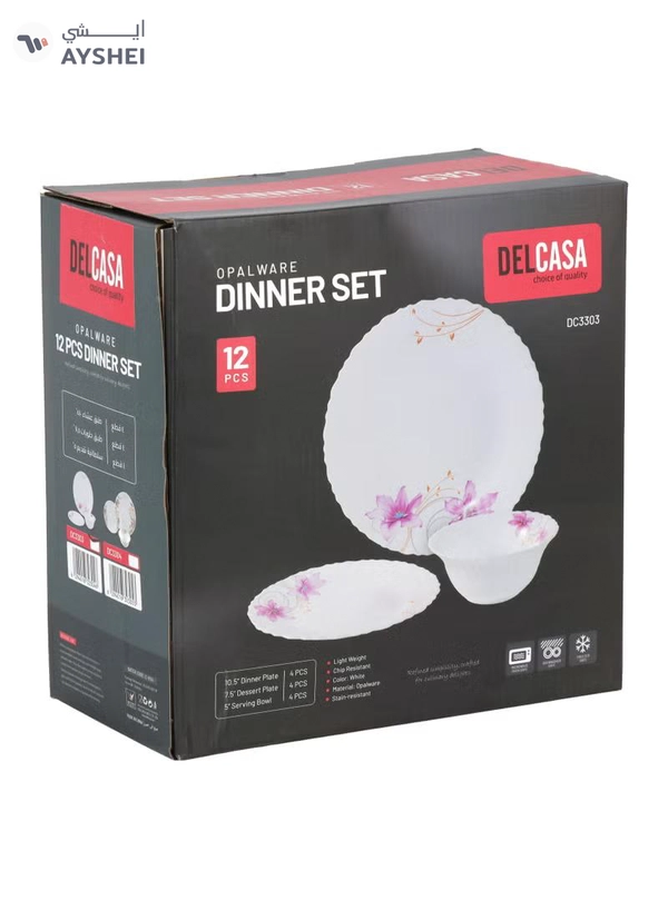 Delcasa DC3303 Botanical Bliss Opalware Dinner Set 12-Pieces, White/pink