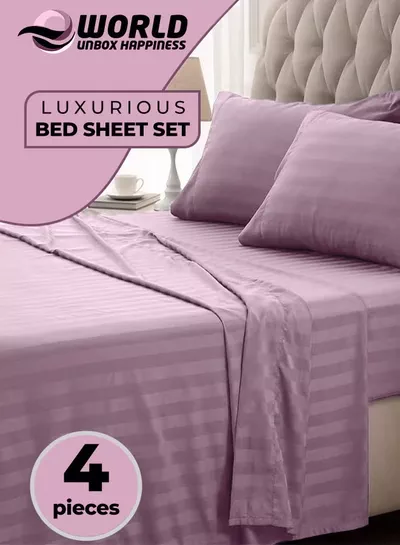Eworld 4-Piece Luxury King Size Pink Striped Bedding Set Includes 1 Duvet Cover (220x240cm), 1 Fitted Bed Sheet (200x200+30cm), and 2 Pillow Cases (48x74+5cm) for Ultimate Hotel-Inspired Sophistication-0