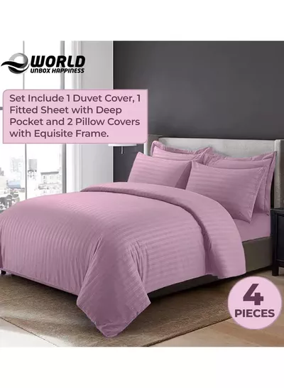 Eworld 4-Piece Luxury King Size Pink Striped Bedding Set Includes 1 Duvet Cover (220x240cm), 1 Fitted Bed Sheet (200x200+30cm), and 2 Pillow Cases (48x74+5cm) for Ultimate Hotel-Inspired Sophistication-2