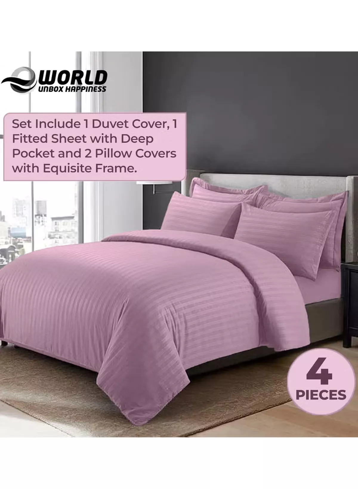 Eworld 4-Piece Luxury King Size Pink Striped Bedding Set Includes 1 Duvet Cover (220x240cm), 1 Fitted Bed Sheet (200x200+30cm), and 2 Pillow Cases (48x74+5cm) for Ultimate Hotel-Inspired Sophistication-2-2