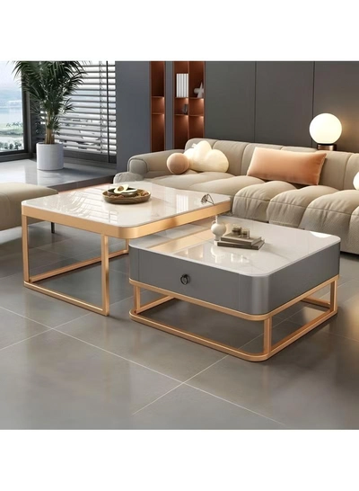DubaiGallery Modern Living Room Coffe Table Nesting Coffee Table Set of 2,Modern Side Table,Round Tempered Glass Marble Texture Stackable Coffee Tables,Living Room Sofa Table, Metal Frame-0