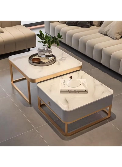 DubaiGallery Modern Living Room Coffe Table Nesting Coffee Table Set of 2,Modern Side Table,Round Tempered Glass Marble Texture Stackable Coffee Tables,Living Room Sofa Table, Metal Frame-1