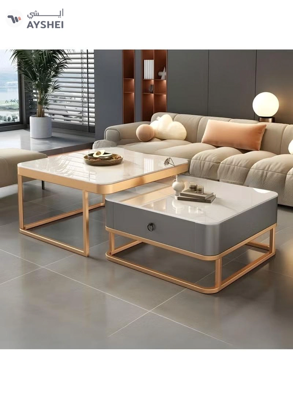 DubaiGallery Modern Living Room Coffe Table Nesting Coffee Table Set of 2,Modern Side Table,Round Tempered Glass Marble Texture Stackable Coffee Tables,Living Room Sofa Table, Metal Frame