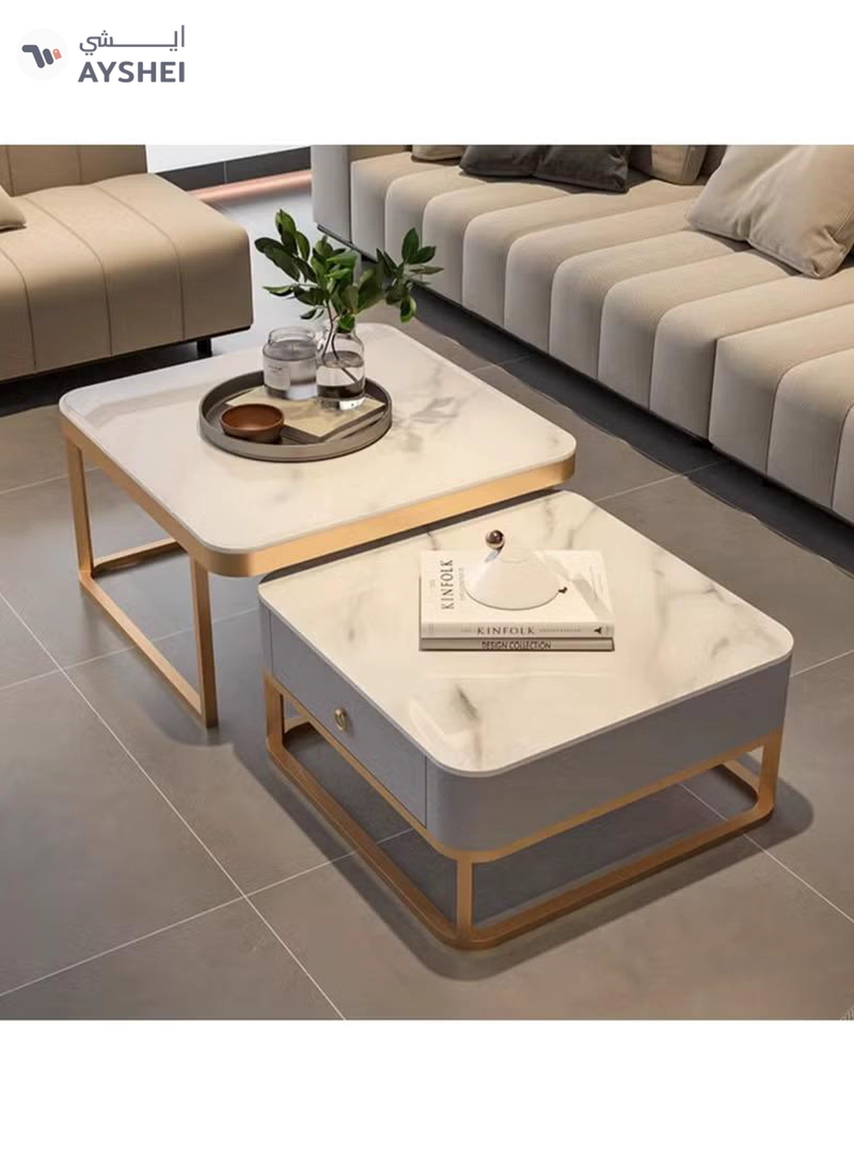 DubaiGallery Modern Living Room Coffe Table Nesting Coffee Table Set of 2,Modern Side Table,Round Tempered Glass Marble Texture Stackable Coffee Tables,Living Room Sofa Table, Metal Frame-1-1