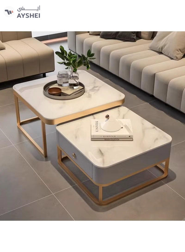 DubaiGallery Modern Living Room Coffe Table Nesting Coffee Table Set of 2,Modern Side Table,Round Tempered Glass Marble Texture Stackable Coffee Tables,Living Room Sofa Table, Metal Frame