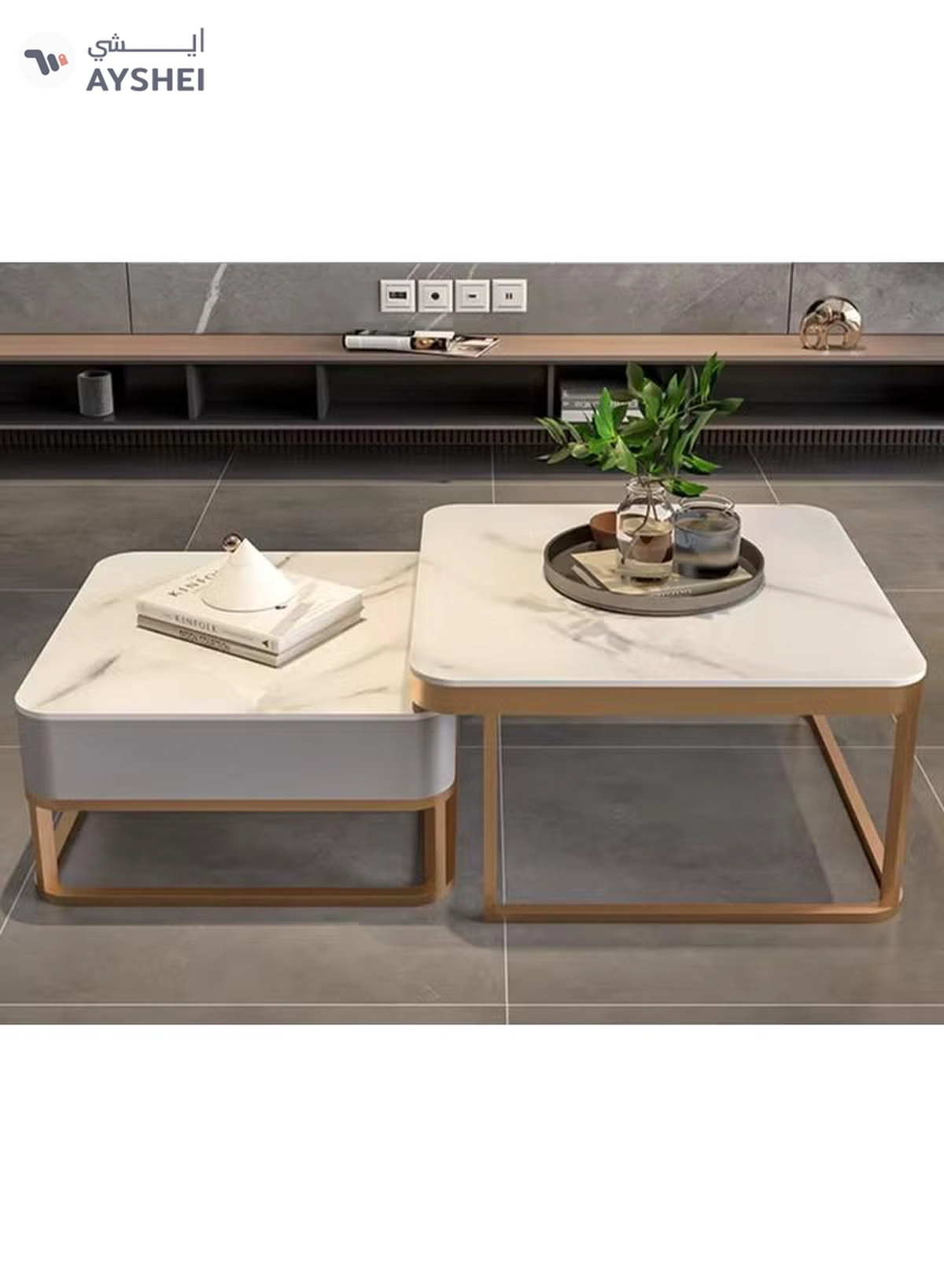 DubaiGallery Modern Living Room Coffe Table Nesting Coffee Table Set of 2,Modern Side Table,Round Tempered Glass Marble Texture Stackable Coffee Tables,Living Room Sofa Table, Metal Frame-3-3