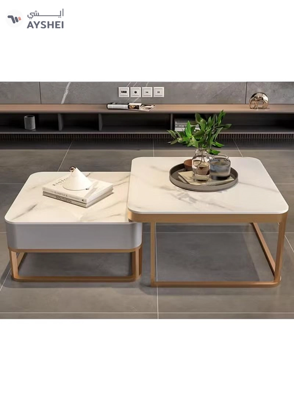 DubaiGallery Modern Living Room Coffe Table Nesting Coffee Table Set of 2,Modern Side Table,Round Tempered Glass Marble Texture Stackable Coffee Tables,Living Room Sofa Table, Metal Frame