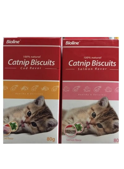 Bioline Catnip Biscuits 100% Natural Cat Treats 80g (Salmon Flavor & Cod Flavor)-0