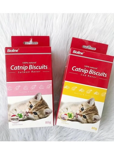 Bioline Catnip Biscuits 100% Natural Cat Treats 80g (Salmon Flavor & Cod Flavor)-1