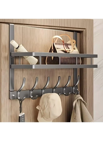 DubaiGallery Over the Door Storage Rack with 6 Hooks and Shelf – Durable Aluminum Organizer for Clothes, Keys, and Handbags-0