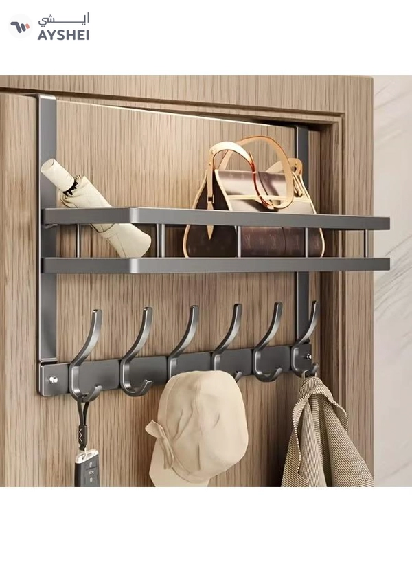DubaiGallery Over the Door Storage Rack with 6 Hooks and Shelf – Durable Aluminum Organizer for Clothes, Keys, and Handbags