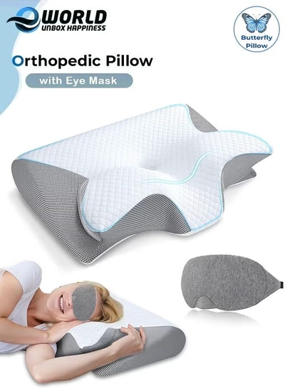 Eworld 2-in-1 Memory Foam Cervical Pillow with Eye Mask, Orthopedic Contour Pillow -0