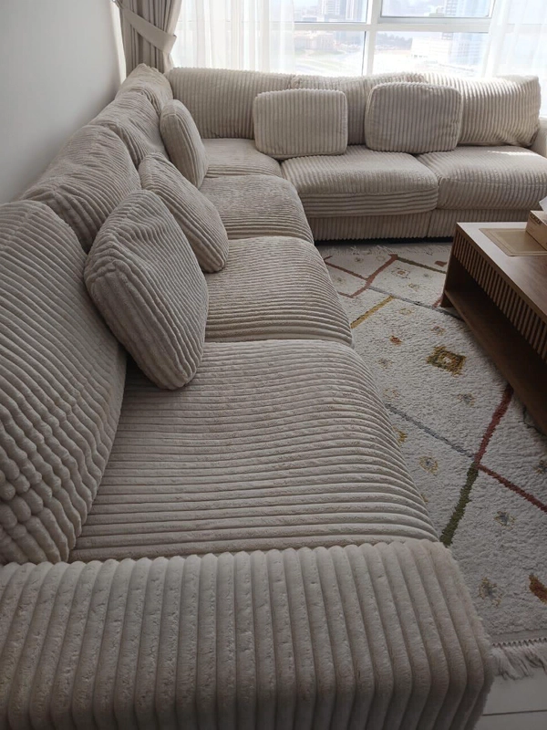Comfortable Beige Corduroy L-Shape Sectional Sofa