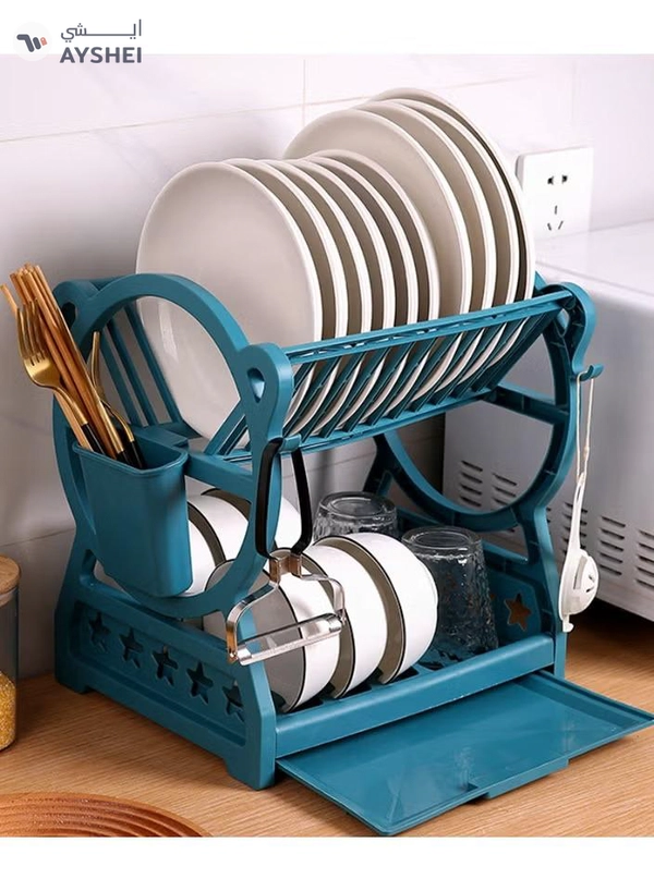DubaiGallery Premium 2-Tier Dish Rack with Utensil & Cup Holders, Space-Saving Kitchen Dish Drainer – Durable Stainless Steel Design
