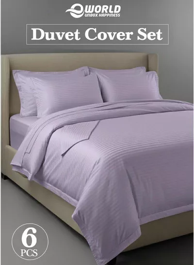 Premium Striped Duvet Set All Season – 6-Pieces Set Lilac | King Size 220x240 cm | Ultra-Soft, Wrinkle-Resistant & Made in Dubai | Includes Duvet Cover, Fitted Sheet (200x200 cm) & 4 Pillowcases (50x70 cm)-0